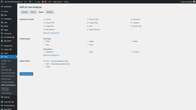 Export screen showing CSV and JSON export options with column and content type selectors