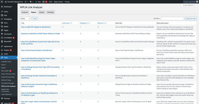 A report table showing all scanned content with incoming, outgoing, and external link counts per post/term.