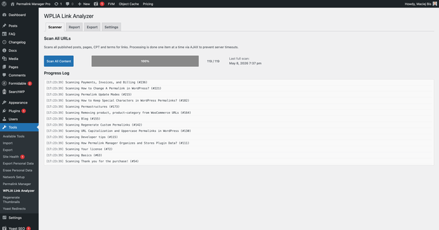 Scanner screen showing AJAX progress bar scanning all URLs with a progress log