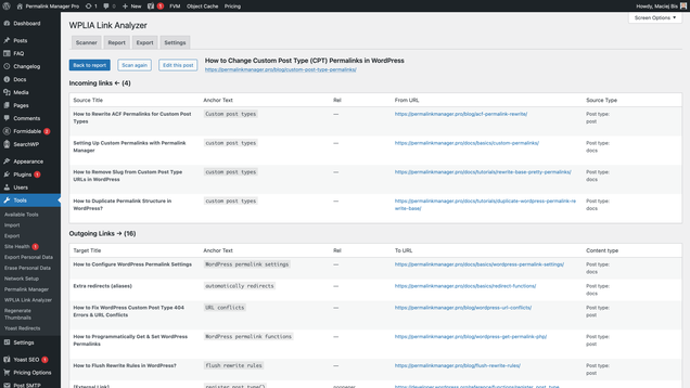 Report screen showing incoming and outgoing links tables with anchor text and URL details