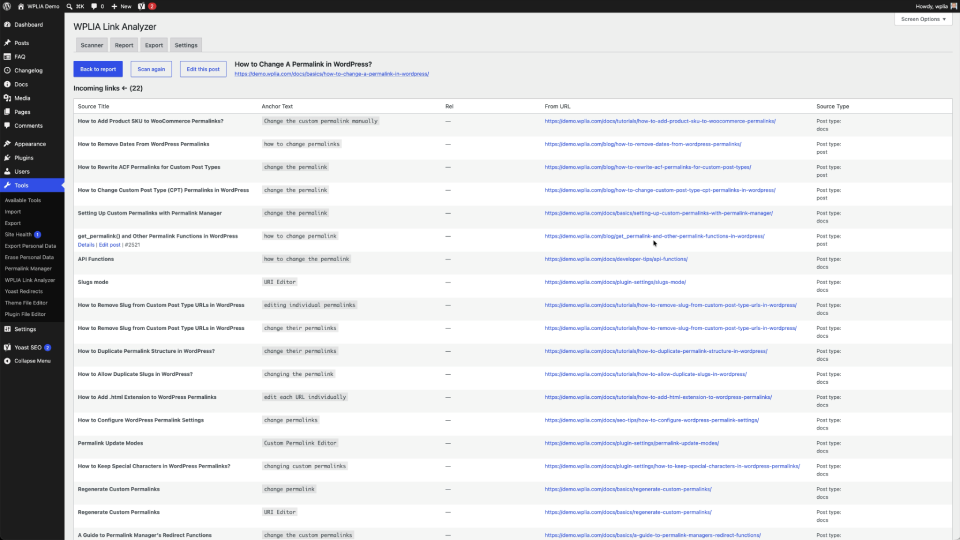 WPLIA dashboard showing link report
